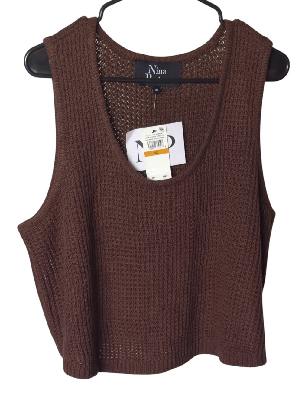 New Nina Parker Trendy Plus Size Crochet Tank Top, Chocolate Brown, 3X